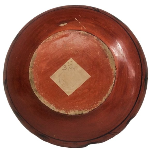 Vintage Black on Red Pottery Bowl Bird Design Chips Scratching - Picture 4 of 7